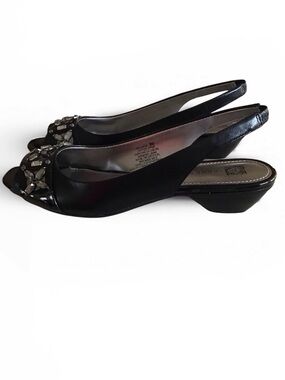 Black Leather Open Toe Low Heel